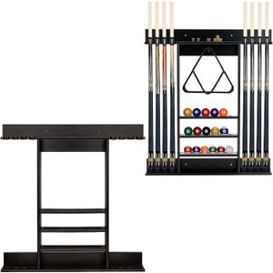 Pool Stick Holder Wall Mounted Pool Cue Rack for 8 Cues, Solid Wood Billiard Stick Holder with Accessory Shelf, Heavy Duty Game Room Organizer for Man Cave, Bar, Home Pub, Rich Black Finish