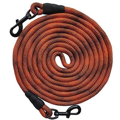 BTINESFUL Tie-Out Check Cord Long Rope Dog Leash, 8ft 12ft 20ft 30ft 50ft 75ft Dog Lead- Large Medium Dogs Tether for Yard Training, Playing, Camping, or Backyard (30ft, Orange Black)