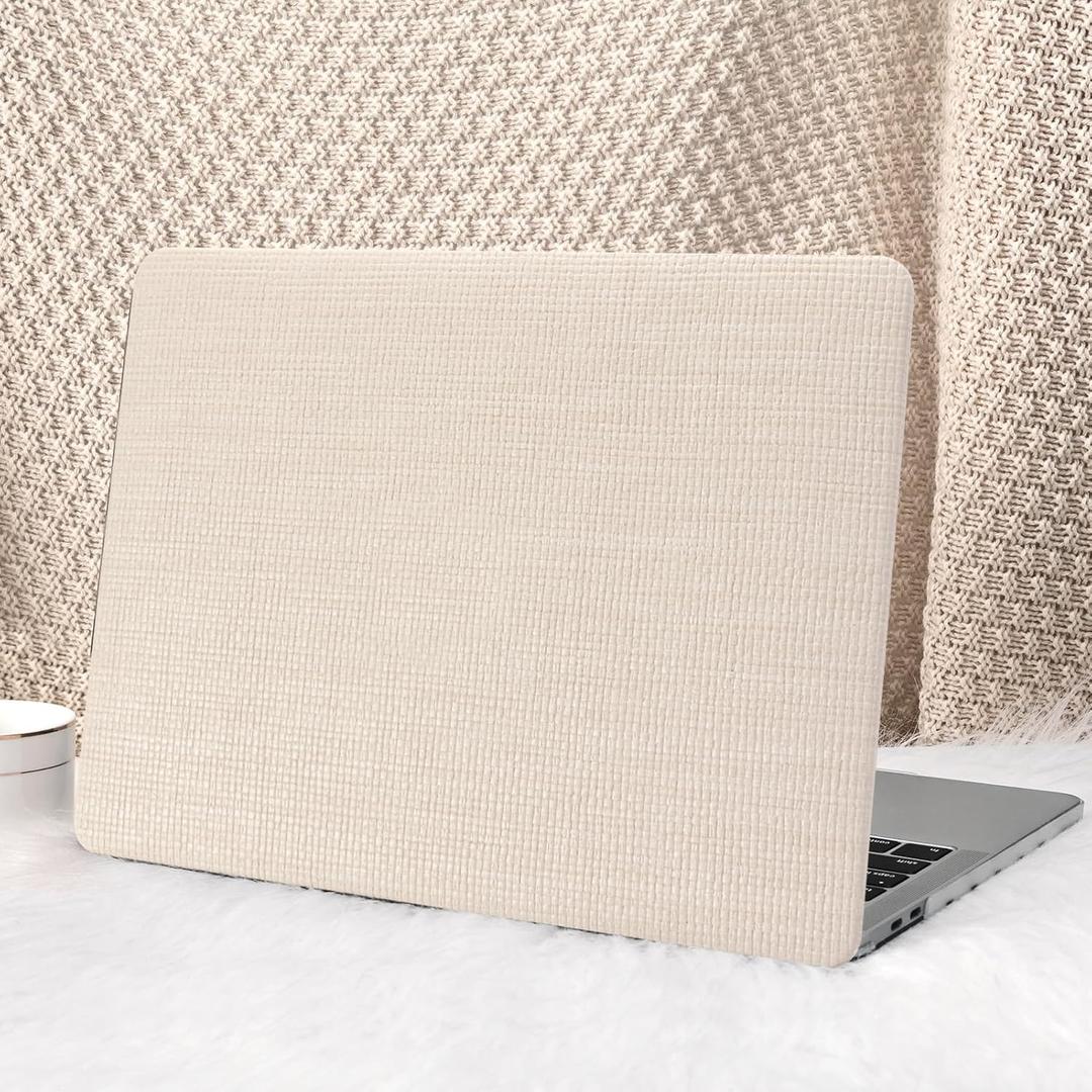 Seorsok Compatible with MacBook Air 13 Inch Case2022-2018 Release A1932 A2179 M1 A2337 Touch ID, Elegant Leather Plastic Hard Shell Case with Transparent Keyboard Cover, Beige Woven No Logo Cutout