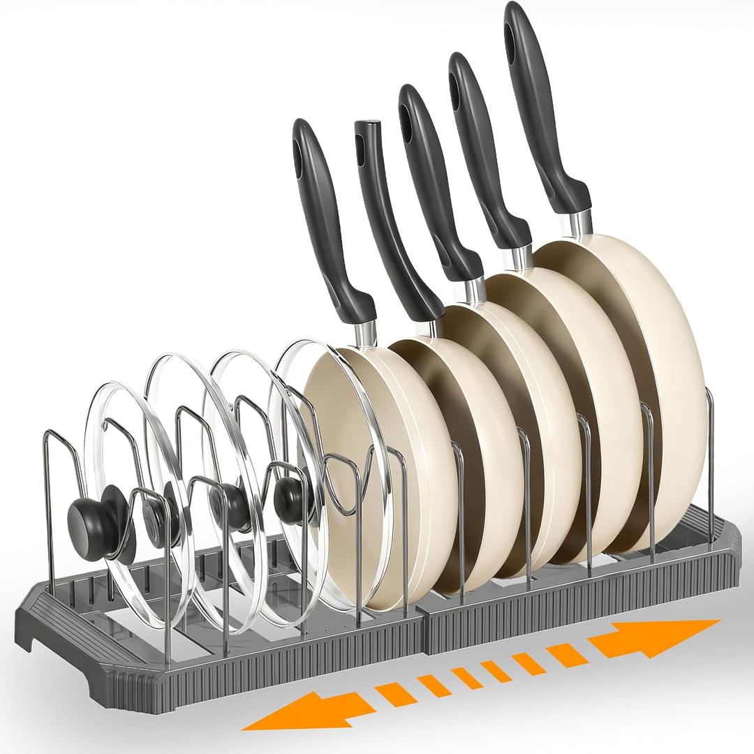 Adjustable Pot Lid Organizer Rack, 9 Compartments Cabinet Storage Holder for Pots, Pans, Lids, Cutting Boards, Bakeware (Gray)