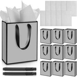 Yeaqee 10 Pack Metallic Paper Gift Bags with Handles Tissue Paper Thank You 5 Senses Gift Bag for Birthday Wedding Baby Shower Groomsmen Bridal Anniversary Favor 9 x 7 x 3.15''(Grey, Black)