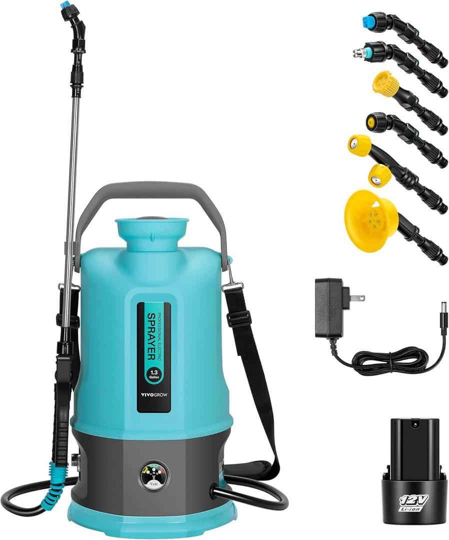 Battery Powered Sprayer, 1.3-Gallon/5L Electric Pump Sprayer with Six Nozzles, Adjustable Shoulder Strap and Spray Wand for Garden, Lawn and Other Cleaning, Blue (Knapsack-1.35 Gal (5L))