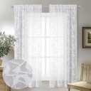 OVZME White Sheer Curtains 63 Inch Length 2 Panel Set, Light Filtering Bedroom Curtains with Dual Rod Pocket Top, Leaf Bird Clip Jacquard Sheer Farmhouse Window Drapes for Living Room, 2x38Wx63L