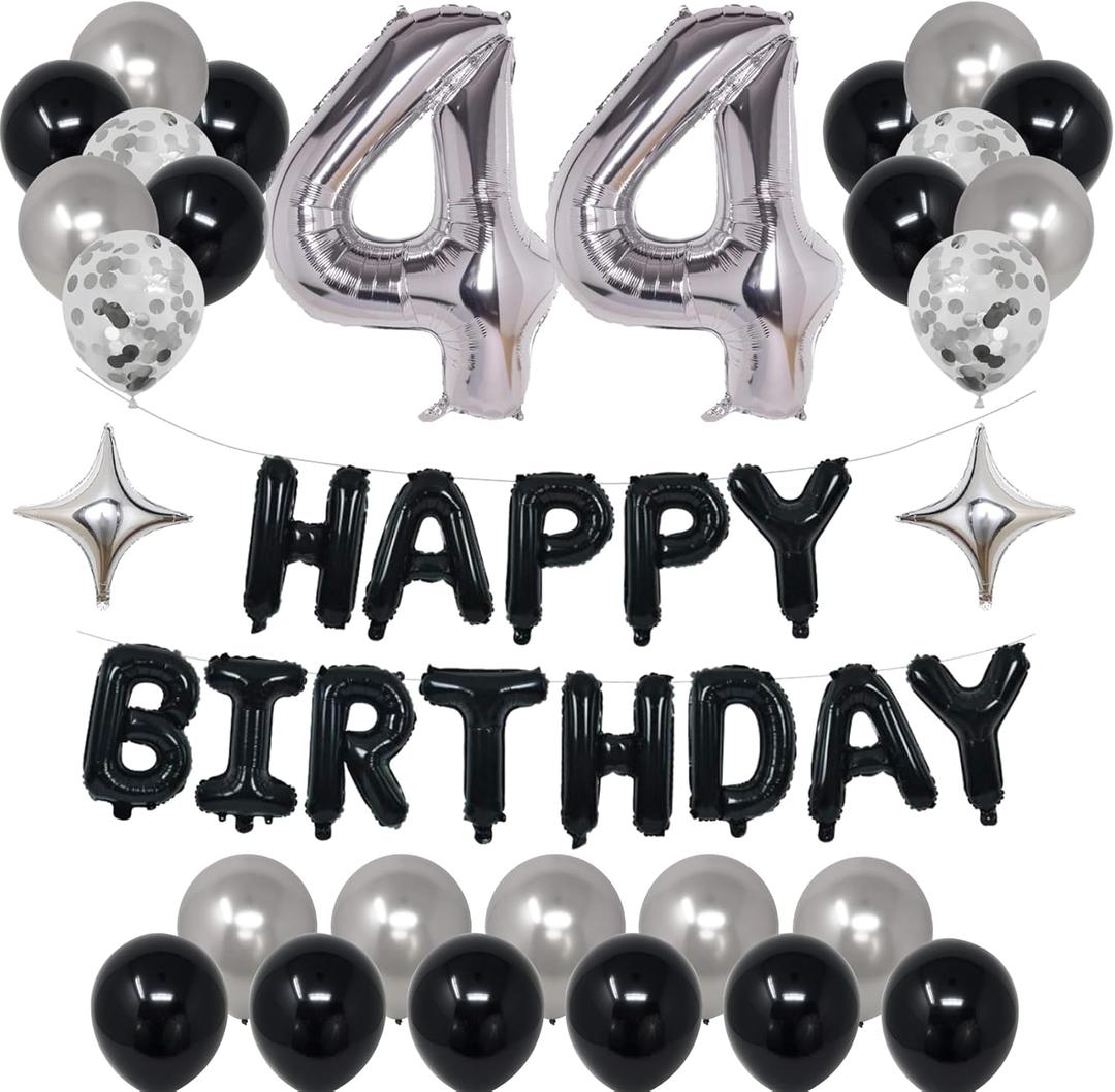 44th Black & Silver Birthday Party Decorations for 44, Happy Birthday Banner, Number Balloons