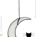 Black Cat Decor On White Moon Stained Glass Window Hanging Suncatcher for Windows Panels Sun Catcher Halloween Ornament Decoration Memorial Gift for Lover Cat Loss