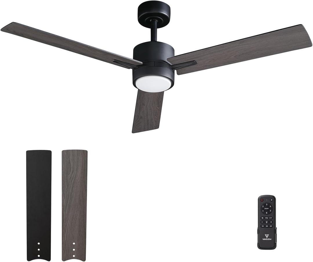Ceiling Fan with Light Remote: 52 inch Modern Bedroom Fans with Dimmable Tri-Color Temperatures LED - Quiet Reversible DC Motor - Indoor Home Use (Black+Walnut-3)