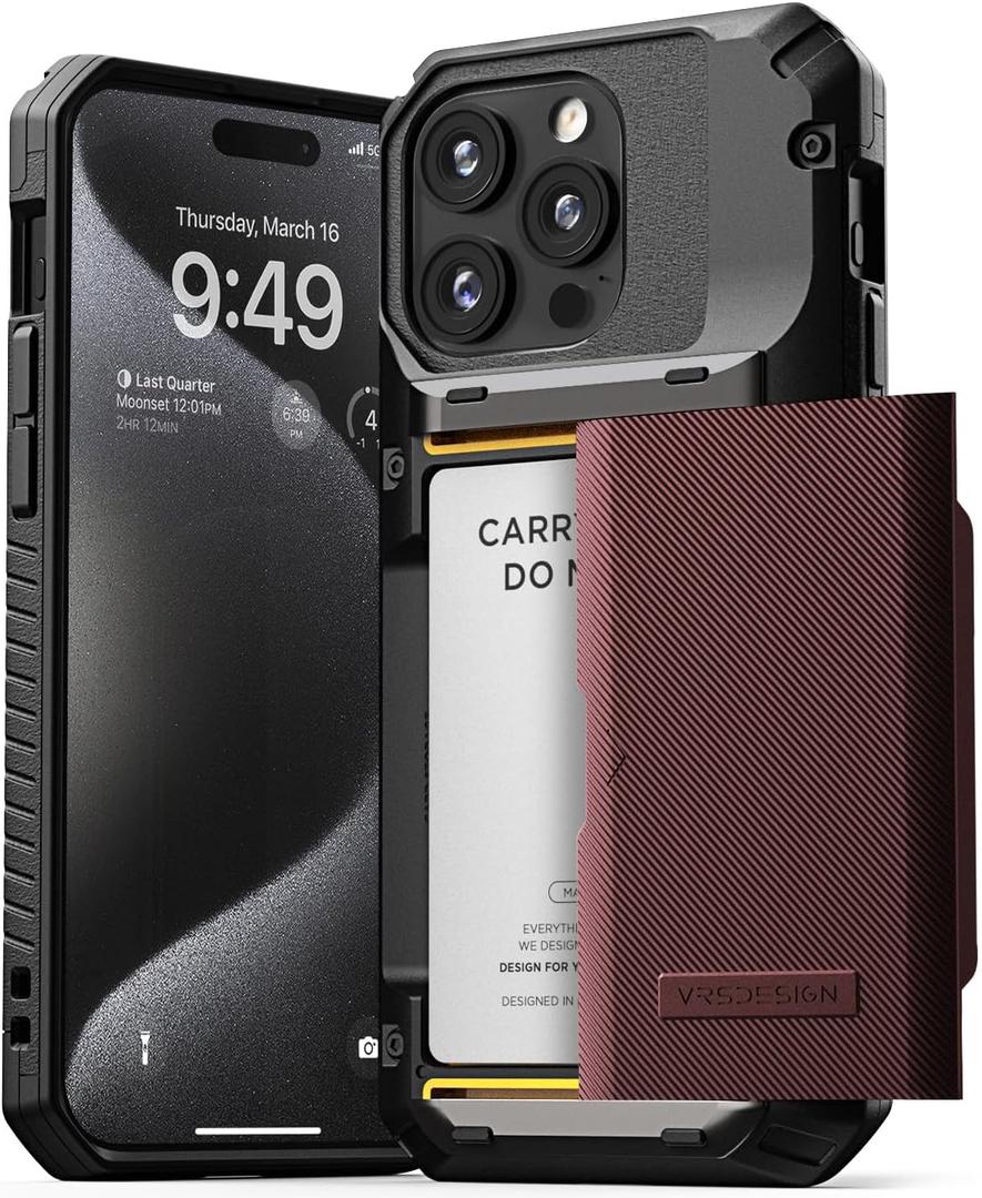 VRS DESIGN Compatible with iPhone 15 Pro Max Case with Card Holder [Damda Glide Pro], Sturdy Semi Auto 4-Card Slot, High Durability & Style Designed for iPhone 15 Pro Max (2023) Metallic Red