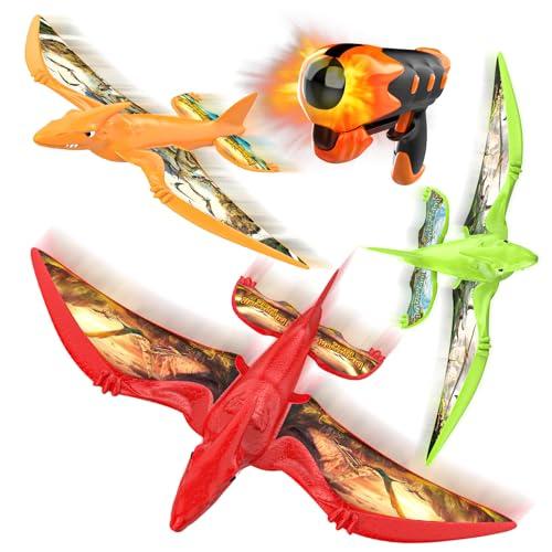 Aiencsai 3 Pack Dinosaur Airplane Launcher Toys for Kids, Foam Airplanes for Kids Boys Toys with Stickers, Outdoor Flying Toys Birthday Gifts for 4 5 6 7 8 9 10 12 Year Old Boys Girls