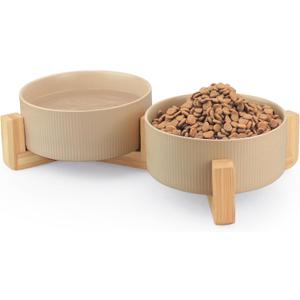 Ceramic Pet Bowls for Dog and Cat, No Spill Dog Food and Water Bowl Set with Anti-Slip Wooden Stand, Riased Puppy Feeding Dishes Suitable for Small, Medium and Large Cats Dogs, Khaki 28 OZ