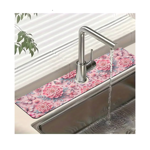 Pink Floral Sink Splash Guard Faucet Mat Flower Butterfly Super Absorbent Fast Drying Mat Sink Gadgets-Splash Guard Behind Faucet Drip Catcher for Kitchen Bathroom, 23.5"x5.5"