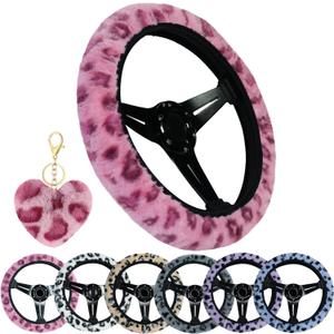 Leopard Steering Wheel Cover with Keychain, Elastic Fuzzy Fur Cheetah Car Steering Wheel Protector Women Girl Car Accessories Universal Fit 15 inch Fit Auto, Suvs, Truck- Pink