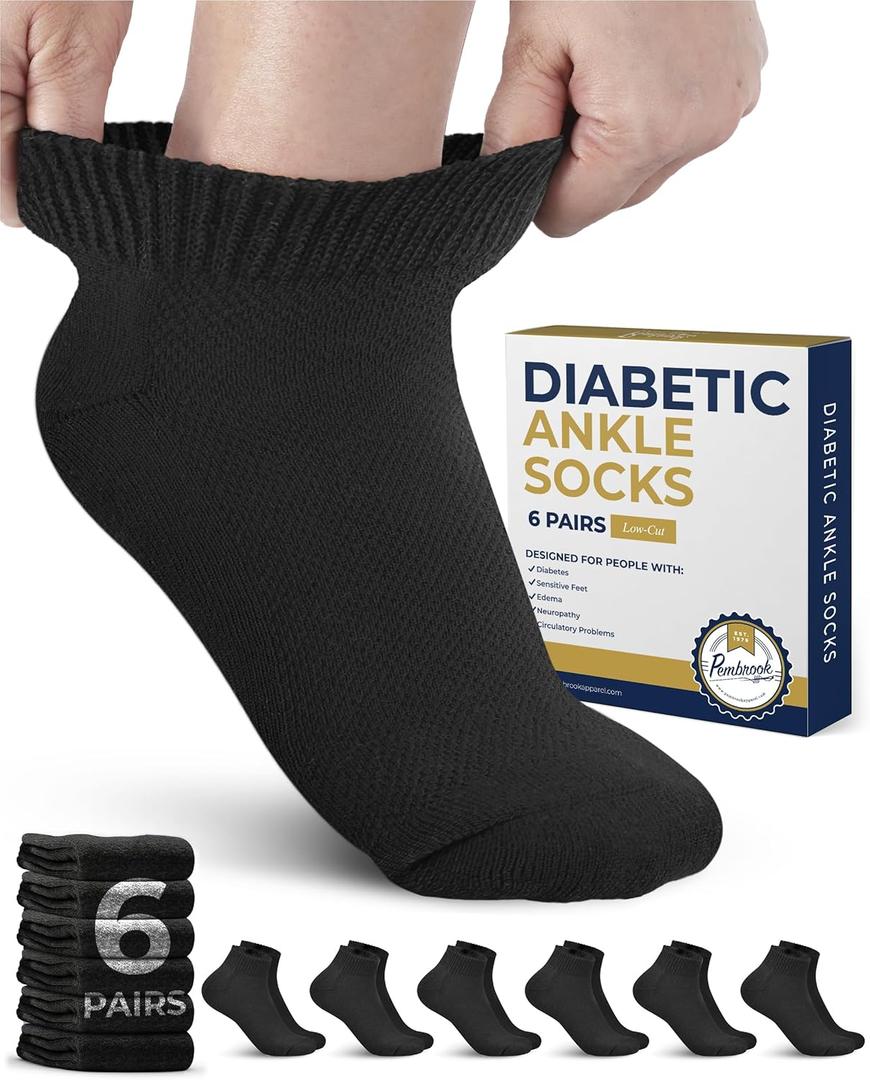 Pembrook Diabetic Ankle Socks for Men and Women - 6 Pairs Low Cut Seamless | Diabetic Socks for Men (Large)