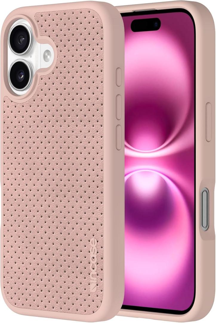 Incase City Case Slim MagSafe Compatible Apple iPhone 16, Protective Cover with 10 Ft Drop Protection Raised Edges Enhanced Screen Protection (Blush Pink Perforated Vegan Leather, iPhone 16)