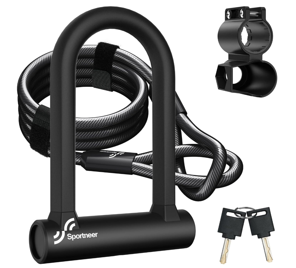 Sportneer Bike Lock: Heavy Duty Anti Theft Bike U Lock with 5ft Security Steel Cable 