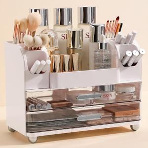 Anyoifax Makeup Organizer Countertop with Large Drawers, Vanity Organizer with Brush Holder, Skin Care Storage for Dresser, Perfume Organizer for Lotion, Lipsitck, Palette, White