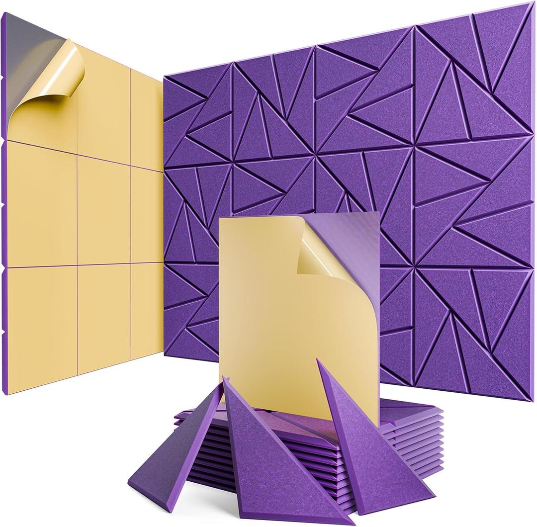 12 Pack Acoustic Panels with Self-Adhesive, 12"X 12"X 0.4"Sound Proof Foam Panels, Sound Panels High Density, Soundproof Wall Panels for Home Studio Office Purple