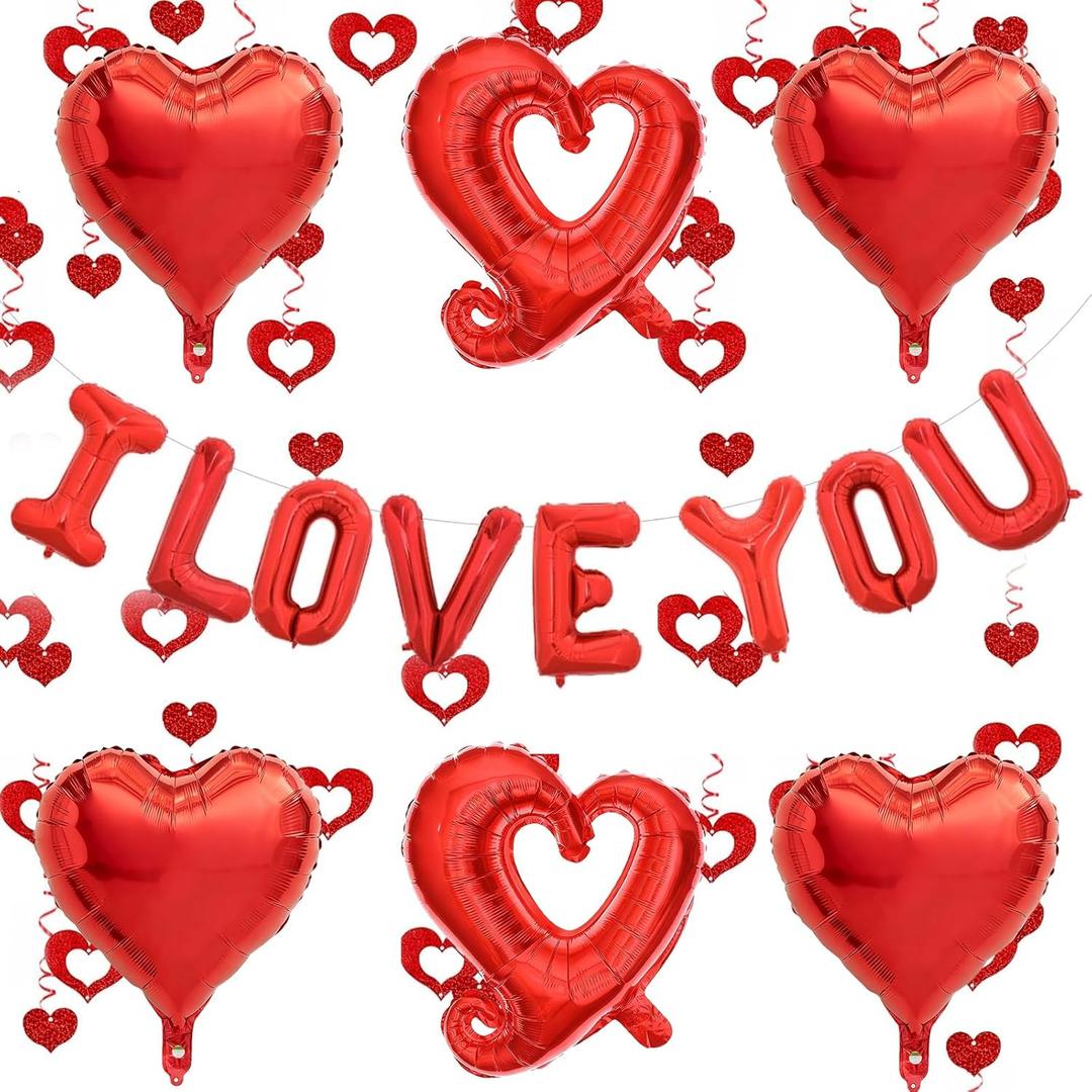 2 x 67PCS Valentines Day Party Decorations -16inch I Love You Balloons and 18inch Heart Balloons & Red Glitter Heart Garland for Wedding, Anniversary, Proposal, Romantic Decor