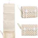 Relavel Hanging Toiletry Bag for Women, Hanging Makeup Organizer with Travel Size Toiletries, Portable Bathroom Travel Bag with Hook for Shaving Kit, Shampoo, Conditioner for Trip - Plaid (Large, 01 Plaid Khaki)