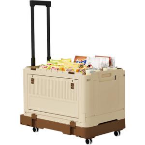 VOWNER Large Foldable Utility Cart, Portable Rolling Crate with Durable Metal Telescoping Handle, 4 Rotate Wheels for Travel, Shopping, Luggage Moving and Storage, Brown