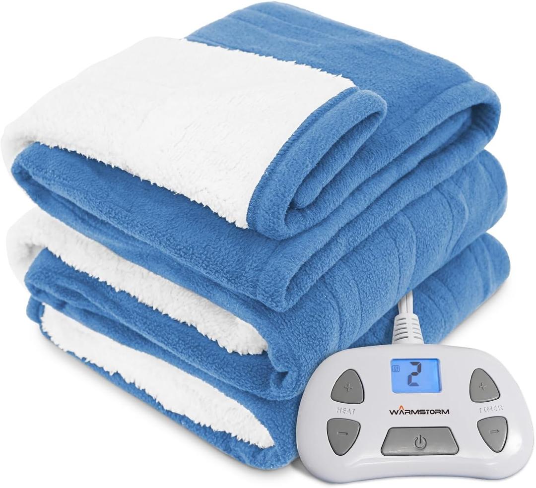 Warm Storm Electric Blanket Twin Heated Blanket Sherpa&Polar Fleece 10 Heating Levels 12 Hours Auto Off Machine Washable Blue 62"x 84"