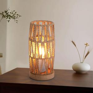 Boho Woven Rope Table Lamp with Handmade Natural Wooden Base, Small Vintage Rattan Wicker Nightstand Cute Desk Lamp, Bedside Bamboo End Table Lights for Bedroom, Living Room, Kitchen Island (Dia 10 x H 22cm)