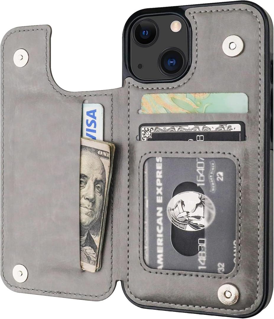 ONETOP Compatible with iPhone 13 Wallet Case with Card Holder, PU Leather Kickstand Card Slots Case, Double Magnetic Clasp Durable Shockproof Cover 6.1 Inch(Gray)