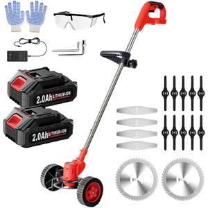 Cordless Weed Wacker, Electric Grass Trimmer with 2 * 2.0Ah Batteries & Wheels, Lightweight Brush Cutter Foldable Weed Eater, Battery Powered Lawn Mower for Lawn Yard Work