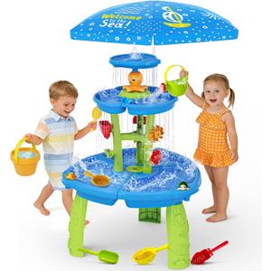 Handwell Water Table for Toddlers 3-5, 3-Tier Rain Showers Splash Pond Water Play Table with Umbrella & Water Toy Accessories, Kids Summer Outdoor Toys, Water Activity Sensory Playset for Boy Girls 3+