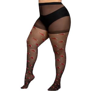 WiliW Christmas Pantyhose for Women Plus Size, Christmas Patterned Tights, High Waist Control Top Sheer Pantyhose (Black)