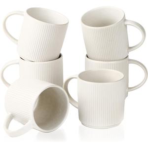 famiware Coffee Mug Set for 6, Star 12 oz Catering Mugs Cup Set with Handle for Coffee, Tea, Cocoa, Milk - Ceramic Stoneware Drinkware Set, Matte White