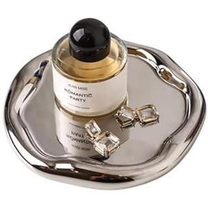 CHENDECOR Silver Tray Decorative Vanity Tray Bathroom Tray Jewelry Dish Ceramic Silver Round Plate Holder Makeup Tray Home Organizers Irregular Storage Plate Bathroom Organizer (Round)
