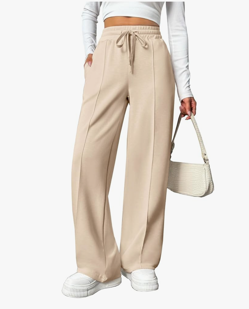 PINSPARK Wide Leg Sweatpants Women High Waisted Baggy Sweat Pants Elastic Elevated Seams Loose Active Pants with Pockets, S-M