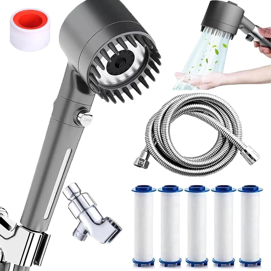 Ion Drops Shower Head, Filtered Shower Head with Massage Silicone Head, 3 Modes High Pressure, with 59 Hose, Bracket and 5 Filters, 1 PTFE Tape