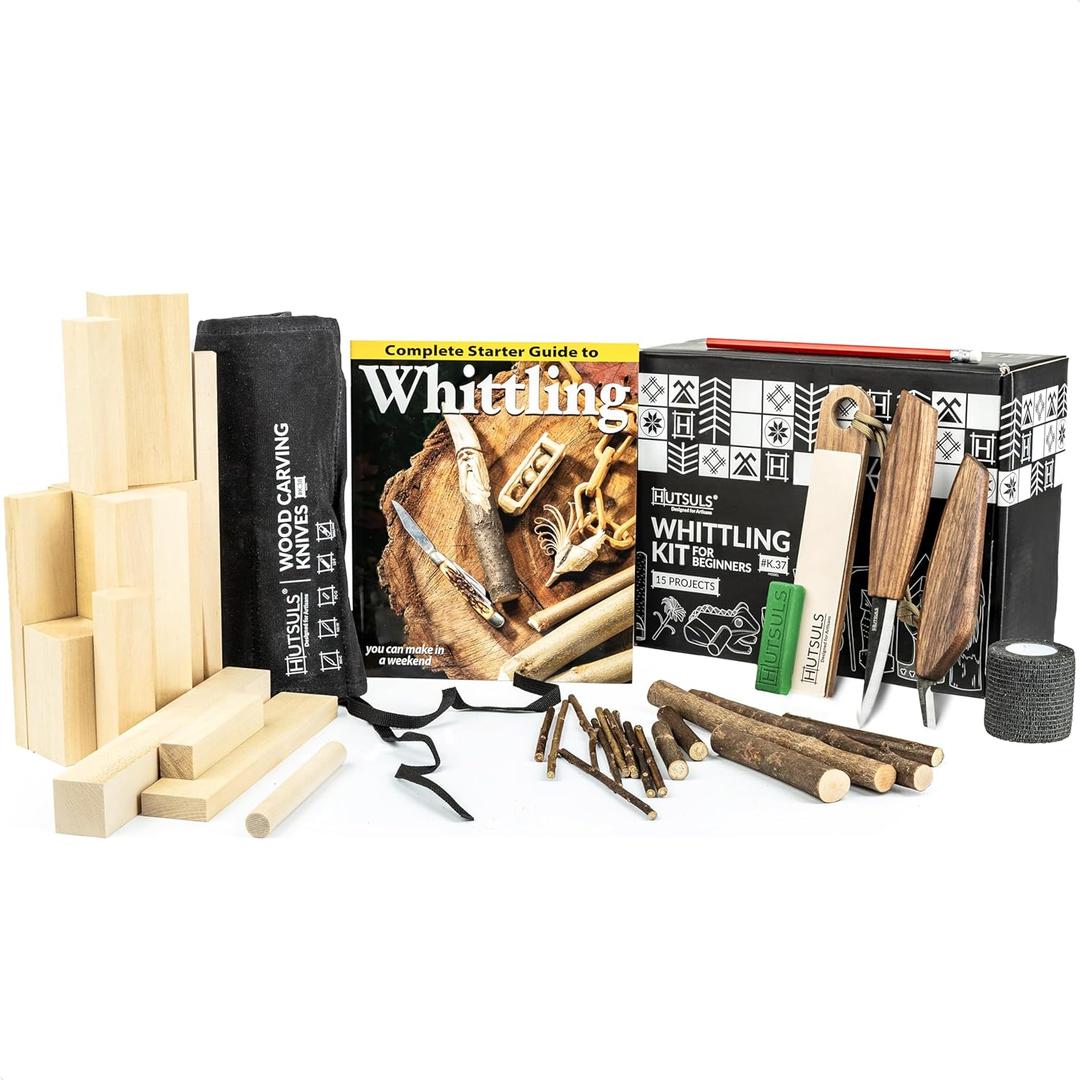 Hutsuls K.37 Wood Whittling Kit for Beginners - Pre-Sized Basswood Carving Blocks & Sticks for 15 Projects, All-in-One Wood Carving Kit, Includes Whittling Book for Beginners (Ages 14+)