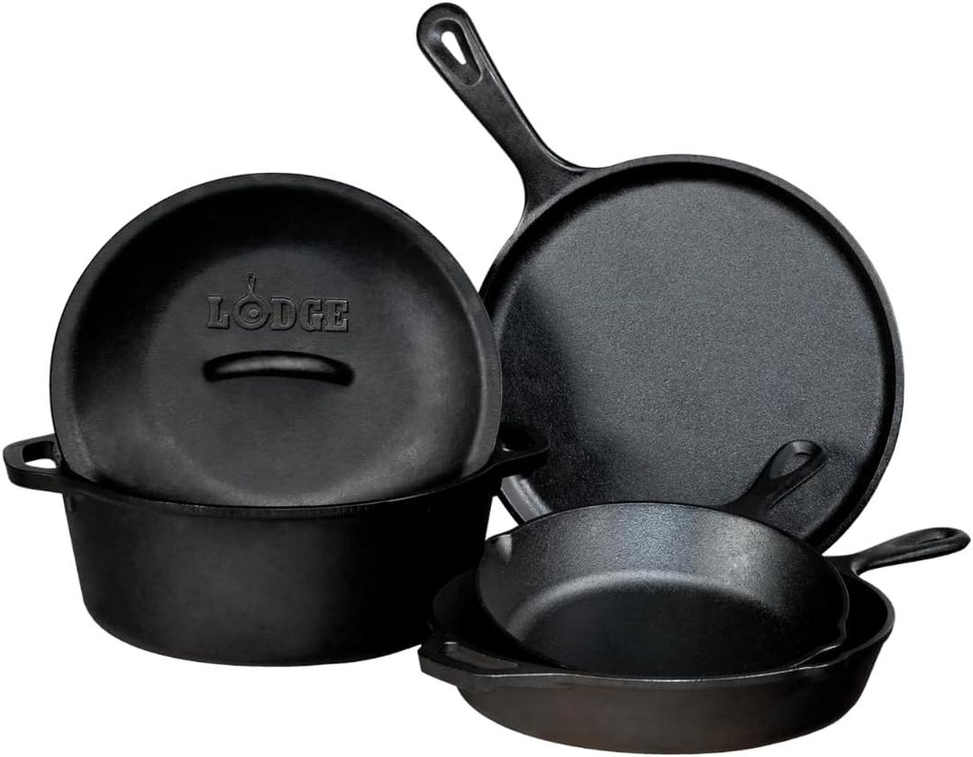 Lodge Cast Iron Set - Pre-Seasoned Kitchen Set - Skillets, Griddle & Dutch Oven Included - PFAS-Free Non-Toxic Cookware - 5-Piece Set