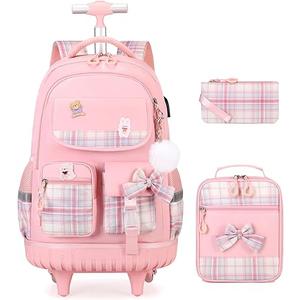 Rolling Backpack for Girls - Roller Wheels School bag with Lunch Bag & Pencil Pouch for Teen Girls Kids Wheeled Suitcase Backpacks, Elementary Middle School Travel Daypack (Pink)