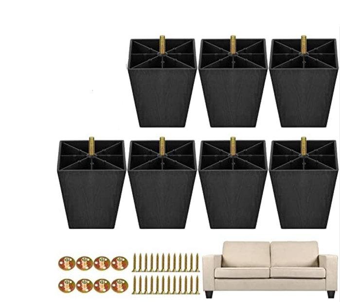 TURSTIN Furniture Legs Plastic Sofa Coach Legs Square Tapered Feet Sofa Legs with T-Nuts Screws for Legs Sofas Chairs Cabinets Dressers Beds, Black (7, 4 Inches)