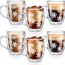Sliner 6 Pack Christmas Snowflake Double Wall Glass Coffee Mugs with Handle 12 oz Clear Insulated Glasses Cups Winter Holiday Mugs for Cappuccino Latte Espresso Tea Bag Beverage Hot Chocolate