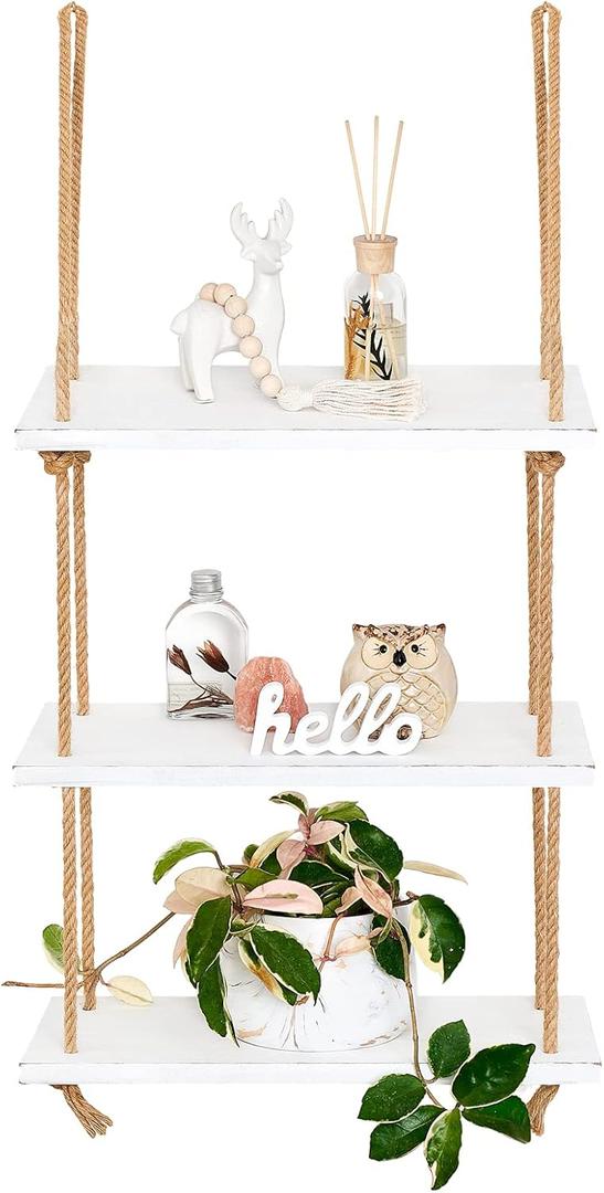 Mkono Hanging Shelves 3 Tier White Wood Wall Mount Floating Shelf with Rope Boho Decor for Living Room Bathroom Bedroom Kitchen Apartment - Rustic Wood Decorative Storage Shelf