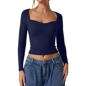 QINSEN Womens Slimming Fit Sweetheart Neck Long Sleeve Basic Crop Tops Stretch Going Out Tee Shirt Navy M