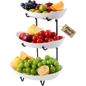 Fruit Bowl for Kitchen Counter - 3 Tier Fruit Basket with Black Stand, Tiered Fruit Stand for Countertop, Snack, Nuts, Cake, Dessert, Small & Cute (Kid-Friendly Plastic, Black)