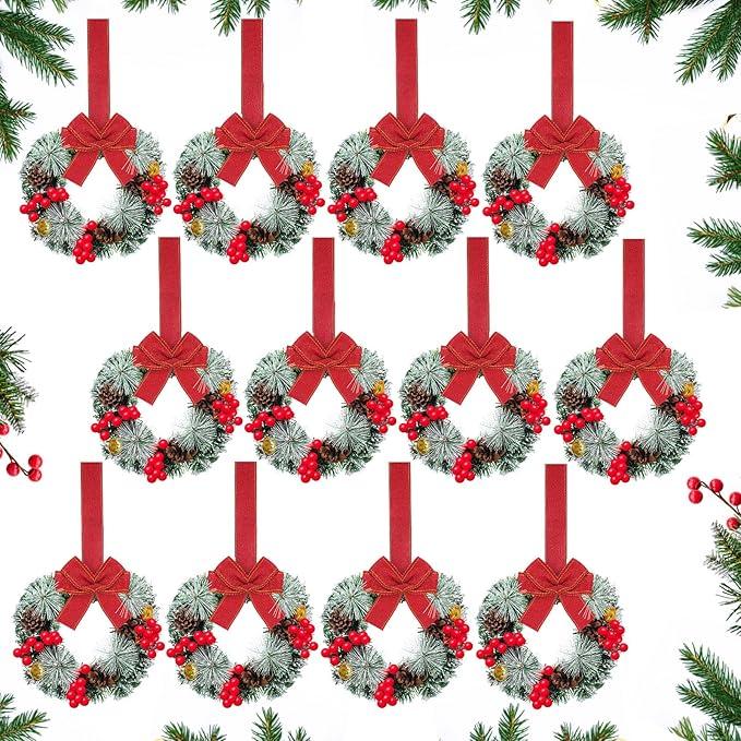Moucuny 12 Pcs Christmas Small Cabinet Wreaths for Kitchen with Ribbon 8 Inches Mini Christmas Farmhouse Artificial Pine Cone Hanging Wreath for Front Door Window (Red)