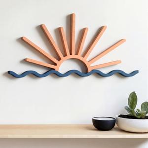 Novabright Sunrise Wall Art Wooden Sun Wall Decor Sunrise Sunset with Wave Ocean Art Sea Beach Themed Room Decor Minimalist Line Sign Nautical Housewarming Gift for Home Bedroom Livingroom Bed(Blue)