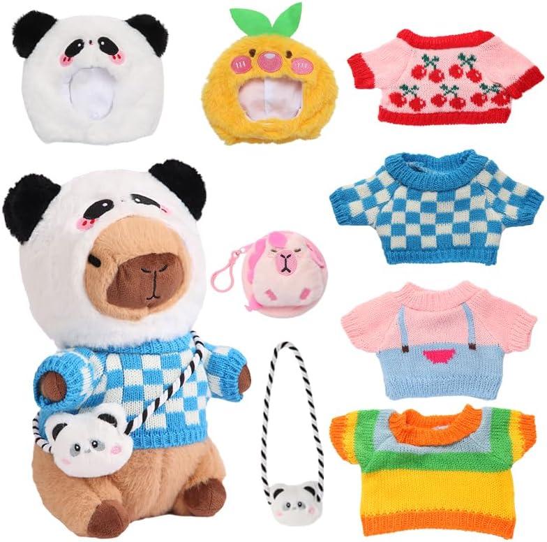 Capybara Plush with 9 Pcs Capybara Costume, Kawaii Dress Up Capybara Stuffed Animal, Dress Up Cute Capybara Plushies for Kids Girls Boys