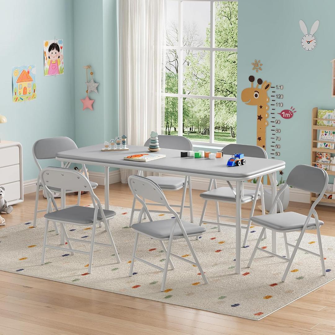 IDEALHOUSE 7 Piece Folding Kids Table and Chairs Set, Children Activity Table and Chairs Set for Dining Room, Daycare, Classrooms
