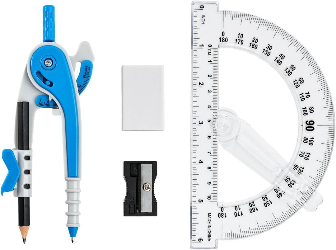 3 x Unjoo Compass and Protractor Set, 6 Inch Protractor with Swing Arm (Blue)