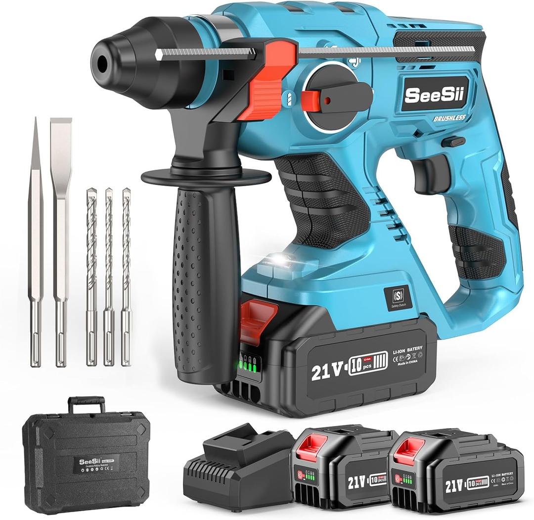 Seesii Cordless SDS-Plus Rotary Hammer Drill for Concrete, 2 4.0Ah Batteries, Includes 3 Drill Bits, Flat & Point Chisels, Lightweight Power Tool for Home Improvement, DIY & Masonry