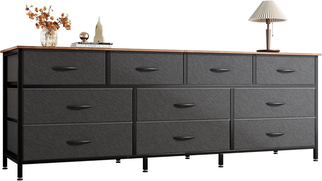 Huuger 63 Inch Dresser for Bedroom, Long Dresser with 10 Fabric Drawers, TV Stand for 55, 65, 70 Inch TV, Toy Storage Organizer for Closet, Rustic Brown
