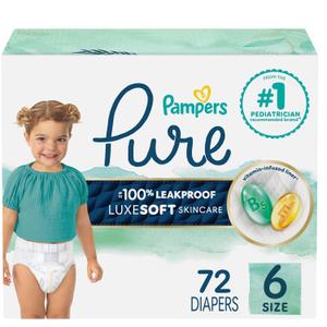 Pampers Baby Diapers - Pure Protection - Size 6, 72 Count, for up to 100% Leakproof, Premium Plant-based Skin Protection