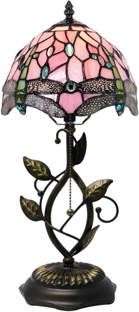 Small Tiffany Lamp Pink Dragonfly Style Stained Glass Table Lamps Desk Bedside Reading Light 8X8X18 Inches with Bronze Metal Leaf Resin Base